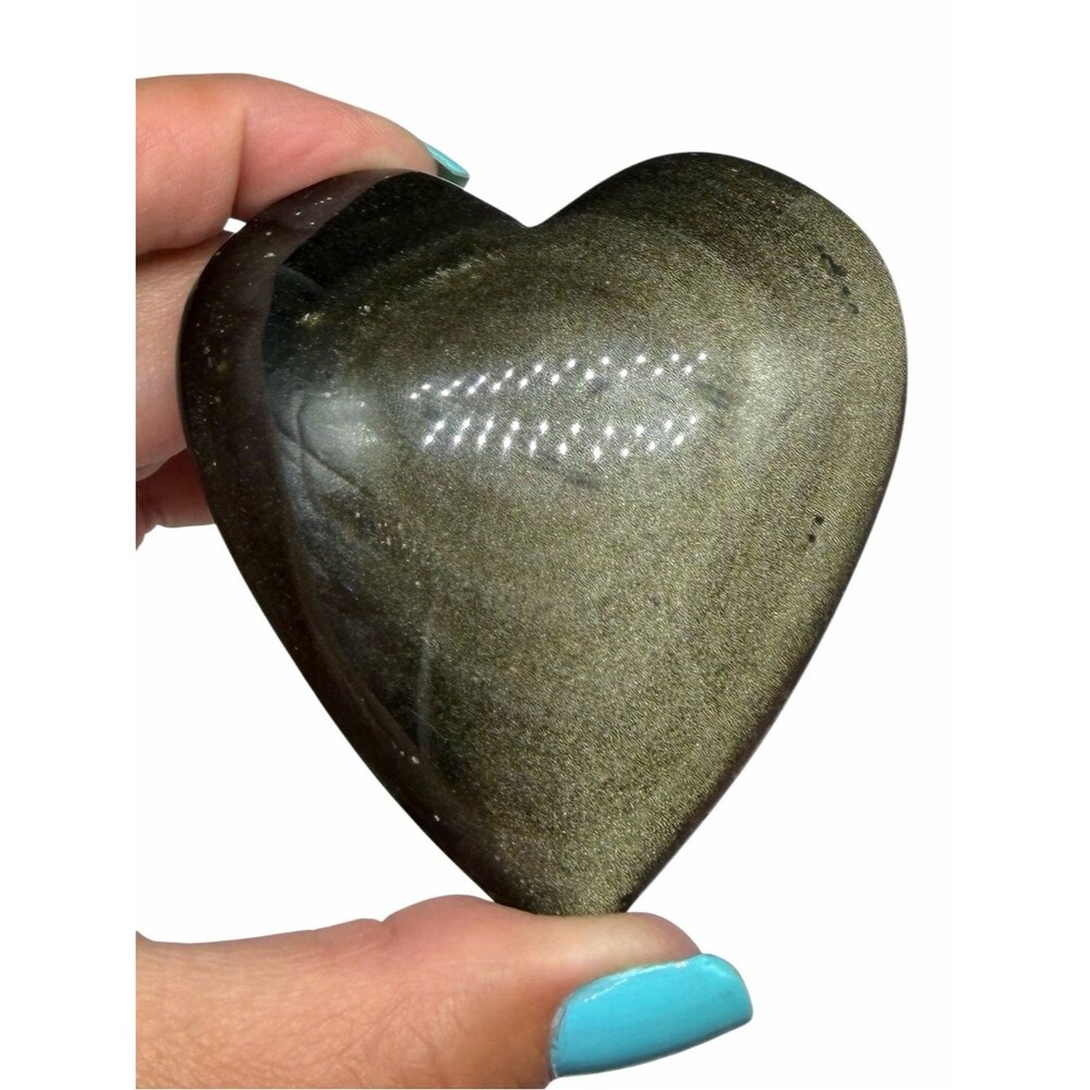 Gold Sheen Black Obsidian Heart Shaped Crystal Stone Puffy Carved Carving